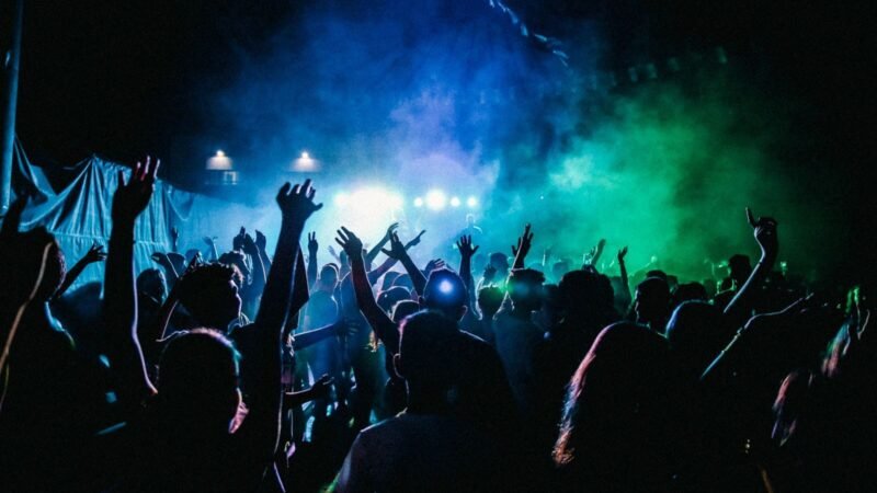 Dynamic scene of a vibrant nightclub with a lively crowd enjoying live music and colorful lights.